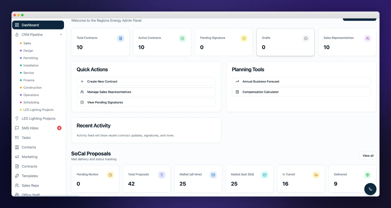 ForemanAI admin dashboard showing CRM pipeline, contracts, SMS inbox, and proposal mail tracking