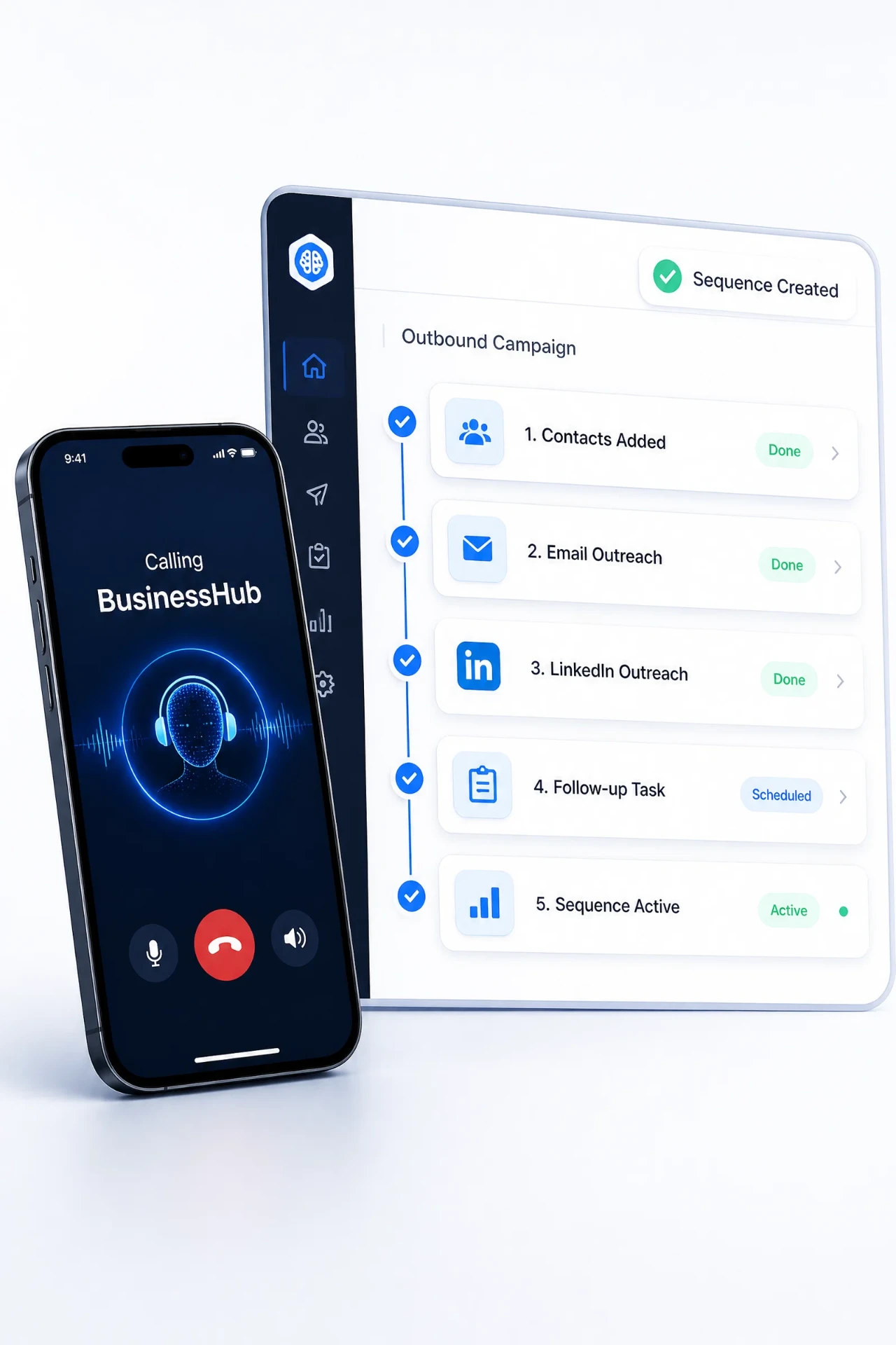 BusinessHub: a phone call with the AI agent beside an outbound campaign sequence in the BusinessHub CRM